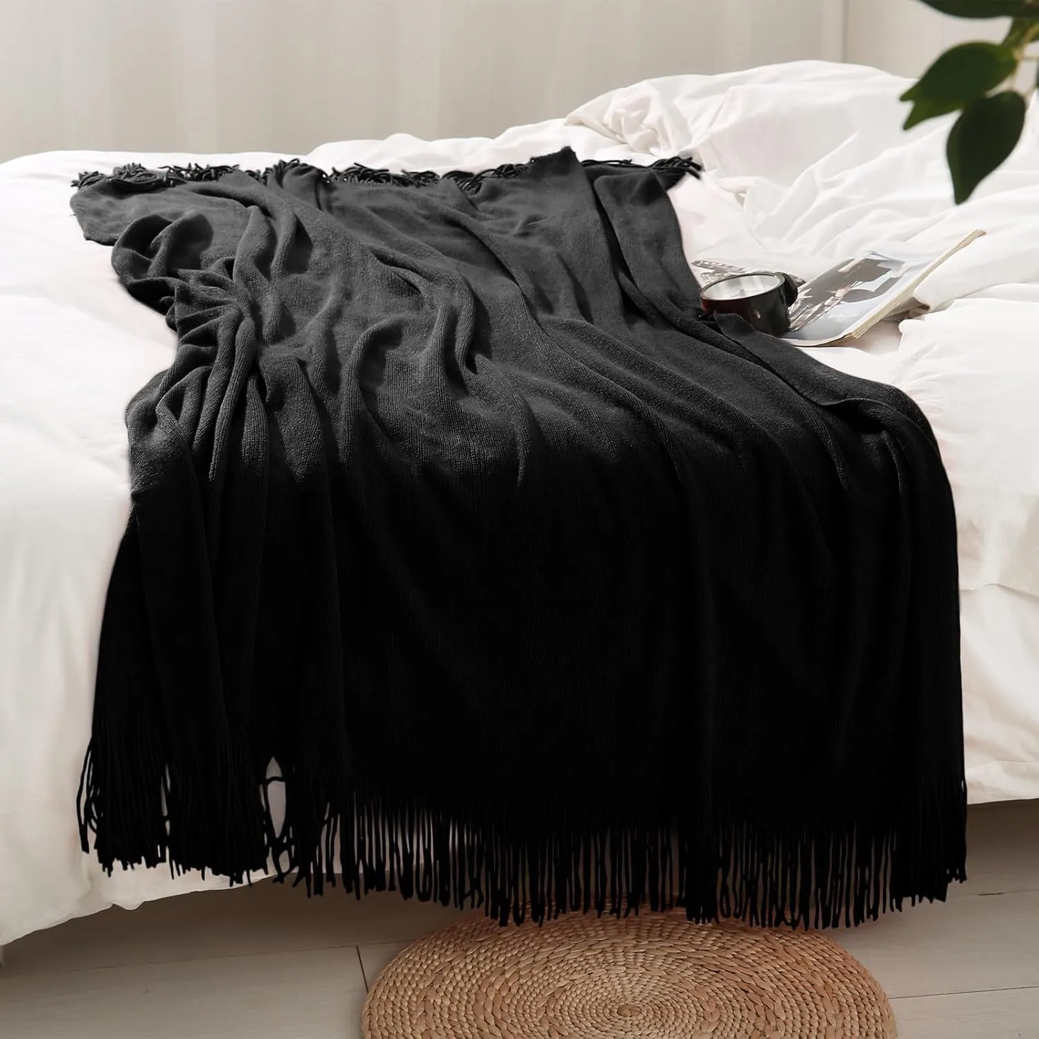 Homiest Decorative Knitted Throw Blanket with Fringe, Lightweight Blanket Acrylic Knit Blanket, Soft & Cozy Tassel Blanket for Couch Sofa Bed (Black, 50 x 60 Inch), bls2405312001