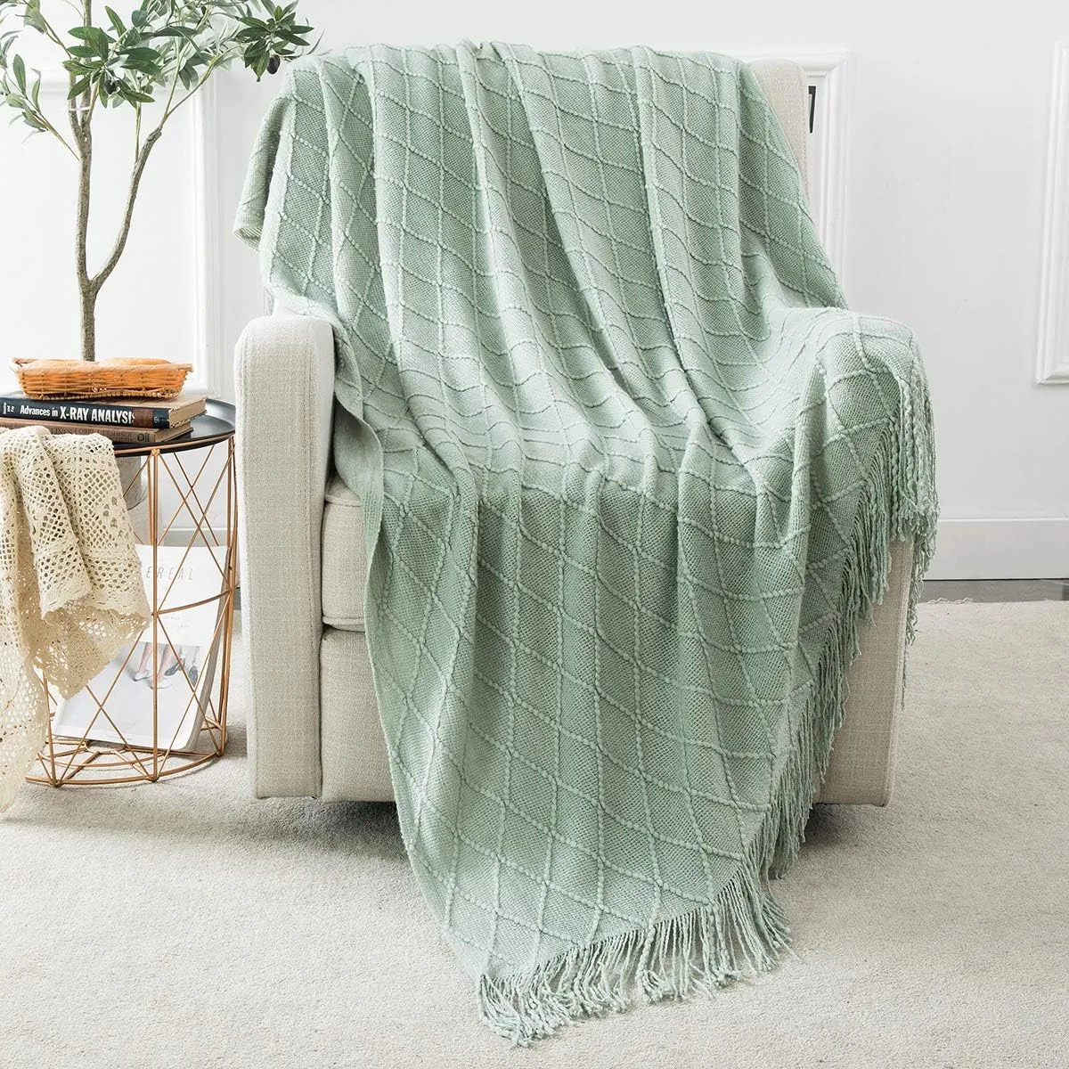 Homiest Decorative Knitted Throw Blanket with Fringe Soft & Cozy Tassel Blanket for Couch Sofa Bed (50" x 60", Aqua)