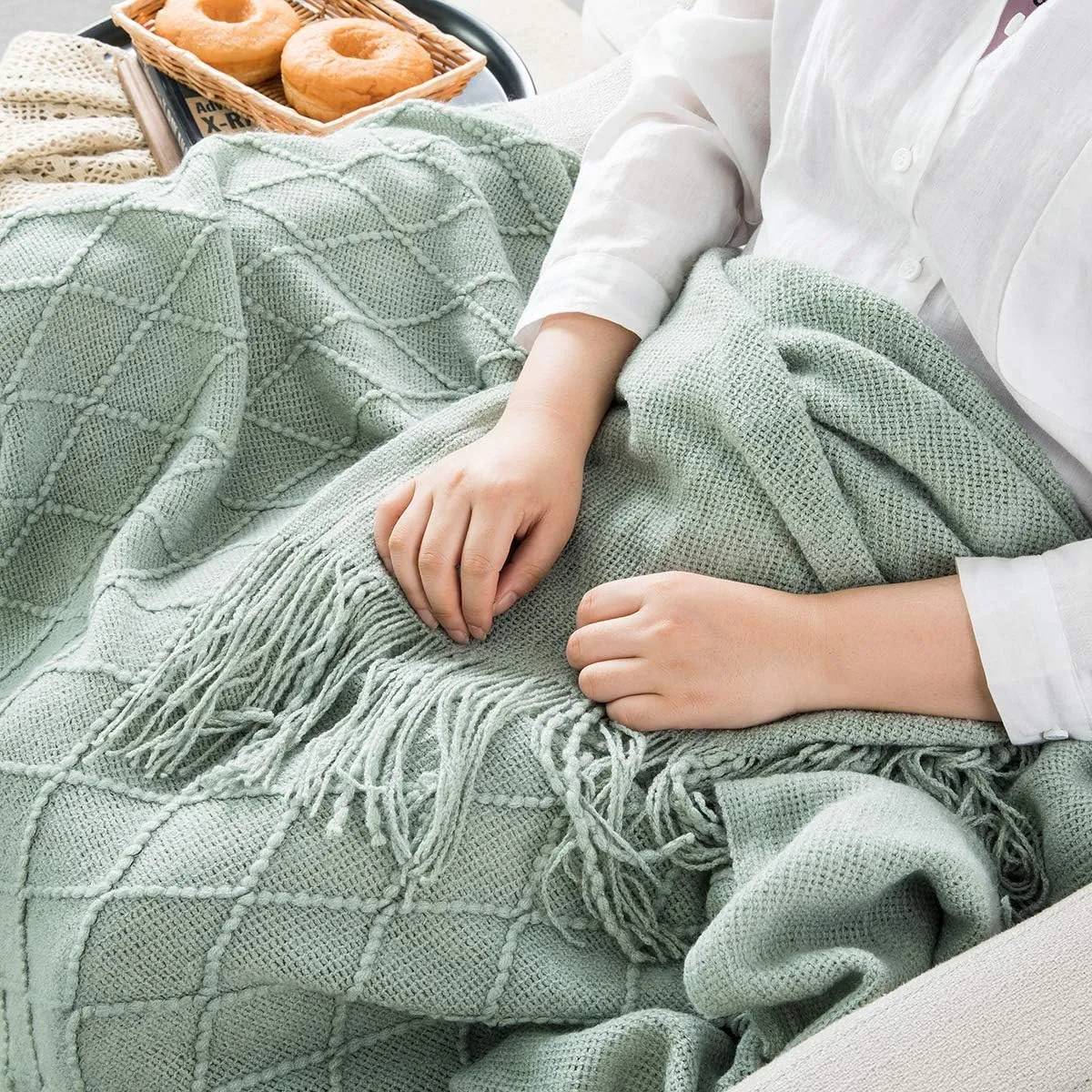 Homiest Decorative Knitted Throw Blanket with Fringe Soft & Cozy Tassel Blanket for Couch Sofa Bed (50" x 60", Aqua)