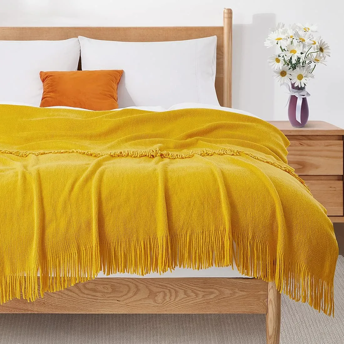 Homiest Decorative Knitted Throw Blanket with Fringe Soft & Cozy Tassel Blanket for Couch Sofa Bed (Mustard Yellow, 50x60)