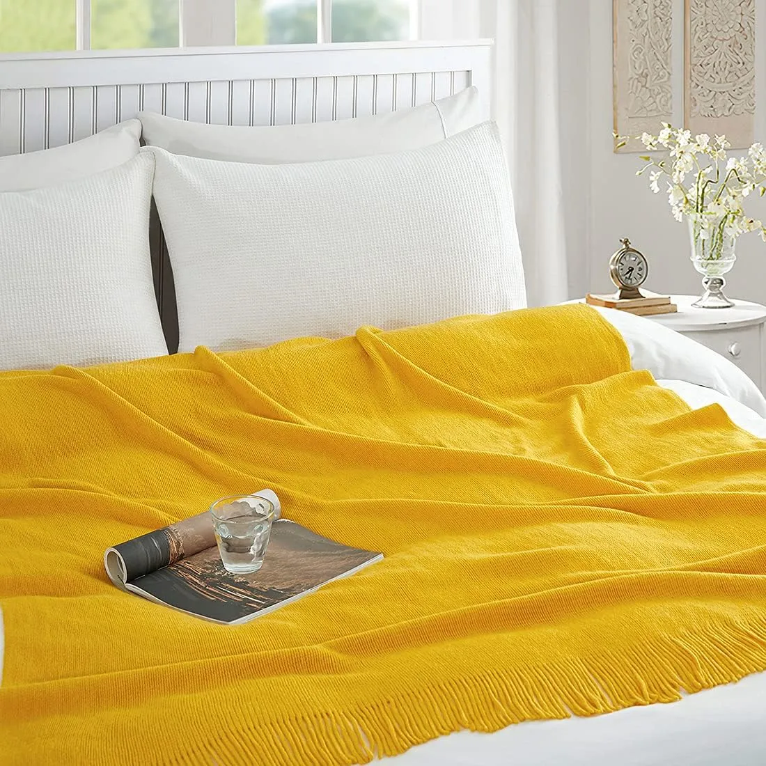 Homiest Decorative Knitted Throw Blanket with Fringe Soft & Cozy Tassel Blanket for Couch Sofa Bed (Mustard Yellow, 50x60)
