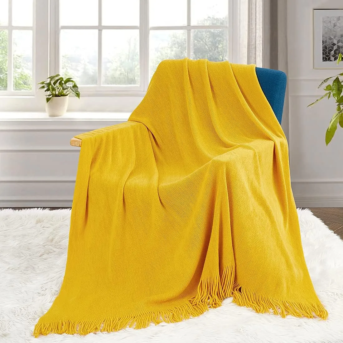 Homiest Decorative Knitted Throw Blanket with Fringe Soft & Cozy Tassel Blanket for Couch Sofa Bed (Mustard Yellow, 50x60)