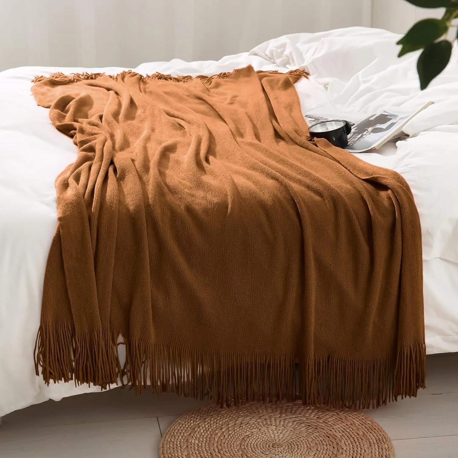 Homiest Decorative Knitted Throw with Fringe, Lightweight Acrylic Knit Blanket, Soft & Cozy Tassel Blanket for Couch, Sofa, Bed (Light Brown, 50 x 60 Inch)