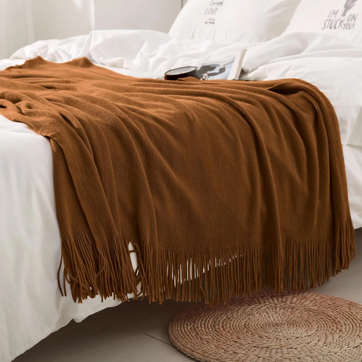 Homiest Decorative Knitted Throw with Fringe, Lightweight Acrylic Knit Blanket, Soft & Cozy Tassel Blanket for Couch, Sofa, Bed (Light Brown, 50 x 60 Inch)