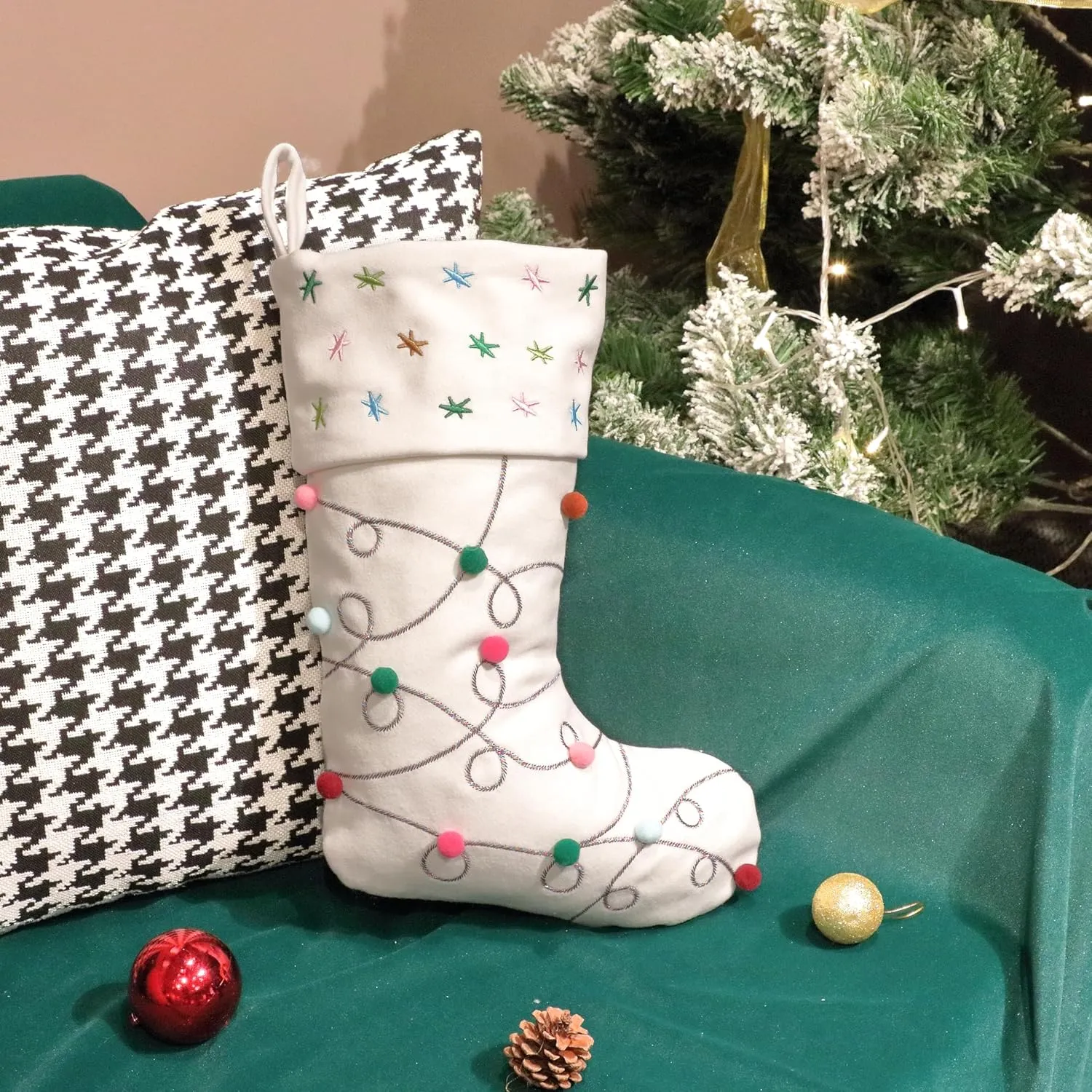 Hopearl Pom Pom Christmas Stocking Boho Style Socks Ultra Soft Stockings Ornament Luxury Gift Bags for Family Xmas Tree Party Supplies, Cream, 18''