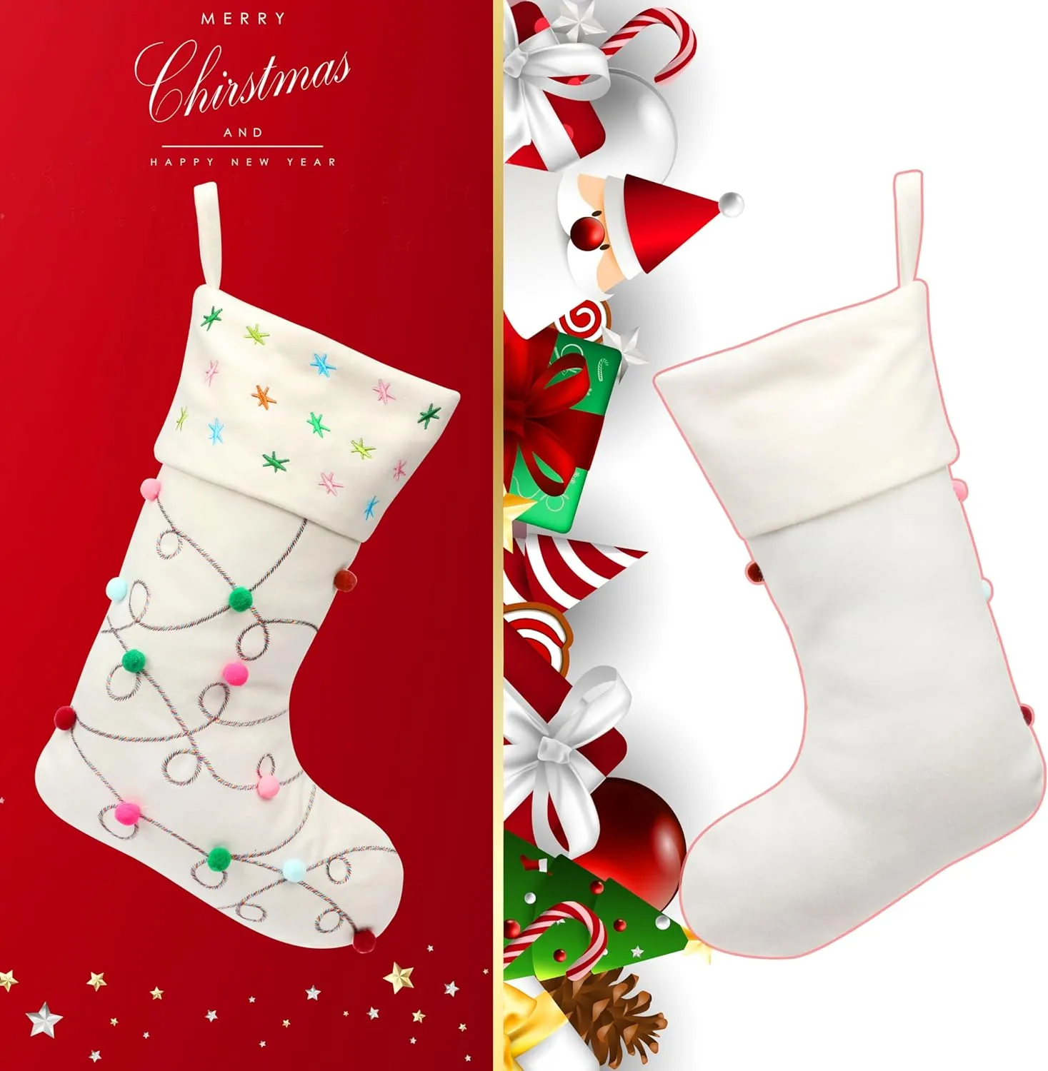 Hopearl Pom Pom Christmas Stocking Boho Style Socks Ultra Soft Stockings Ornament Luxury Gift Bags for Family Xmas Tree Party Supplies, Cream, 18''