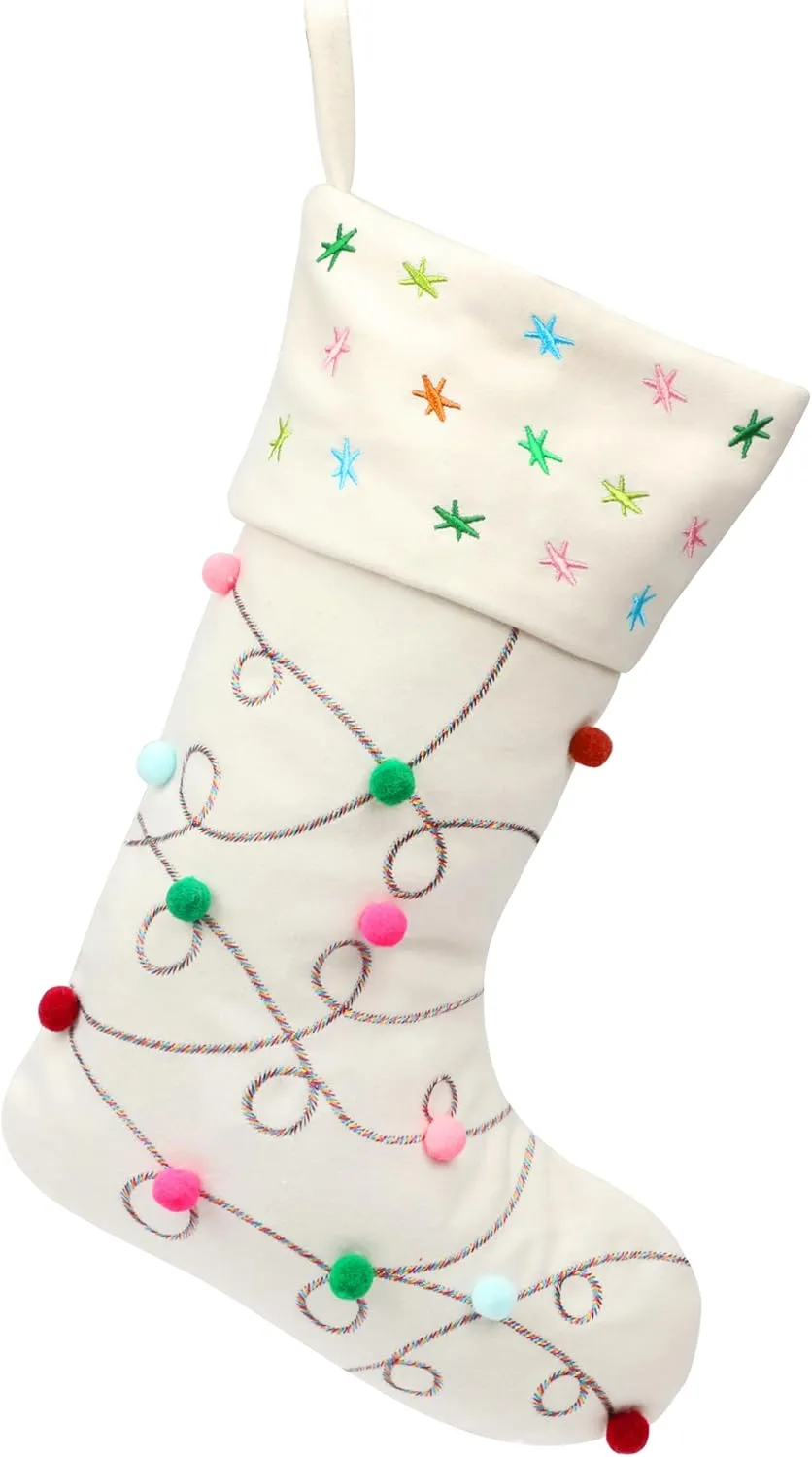 Hopearl Pom Pom Christmas Stocking Boho Style Socks Ultra Soft Stockings Ornament Luxury Gift Bags for Family Xmas Tree Party Supplies, Cream, 18''