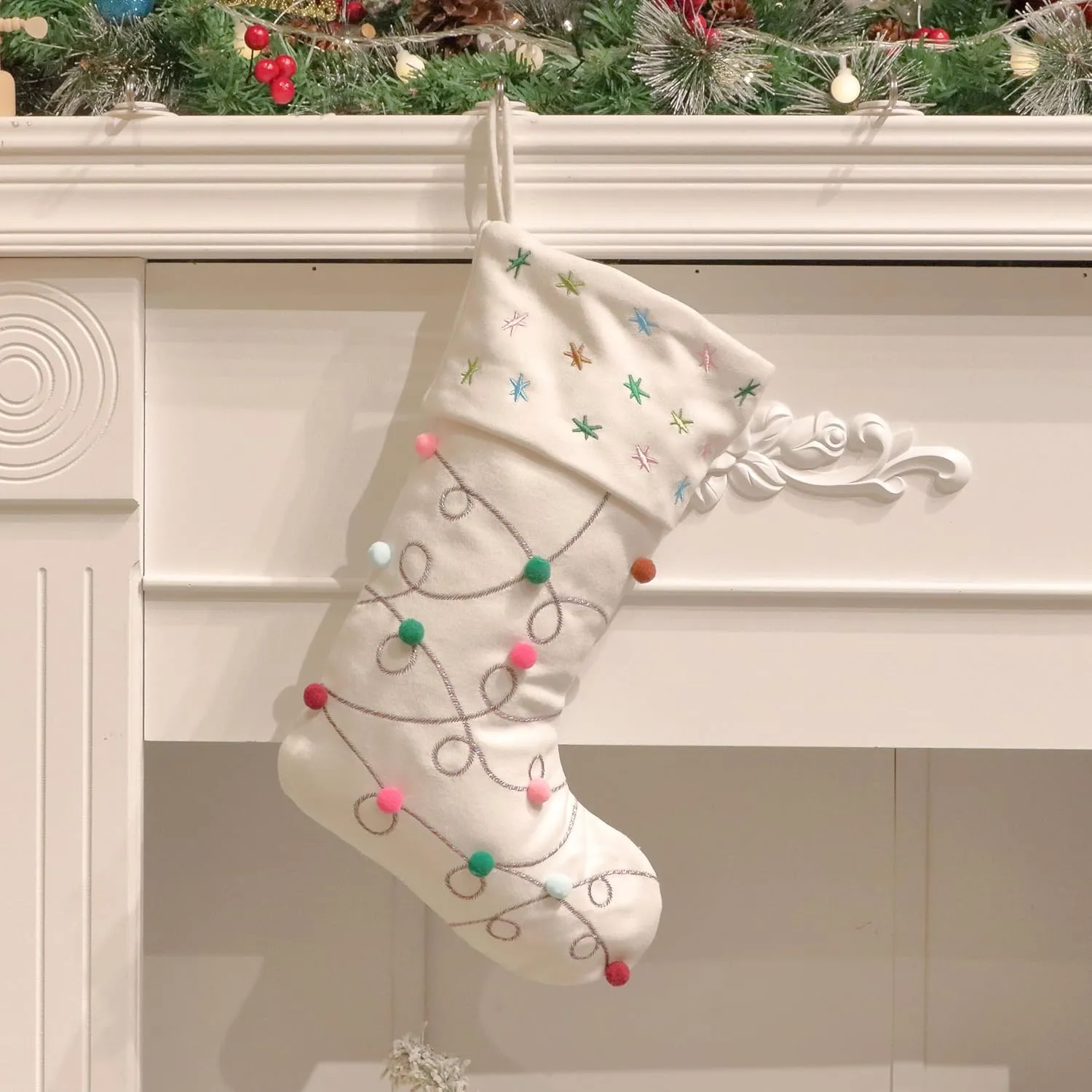 Hopearl Pom Pom Christmas Stocking Boho Style Socks Ultra Soft Stockings Ornament Luxury Gift Bags for Family Xmas Tree Party Supplies, Cream, 18''