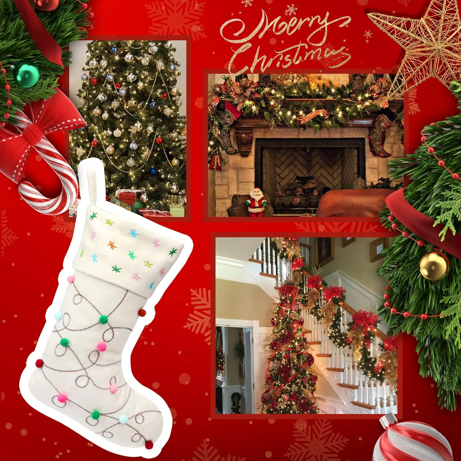Hopearl Pom Pom Christmas Stocking Boho Style Socks Ultra Soft Stockings Ornament Luxury Gift Bags for Family Xmas Tree Party Supplies, Cream, 18''