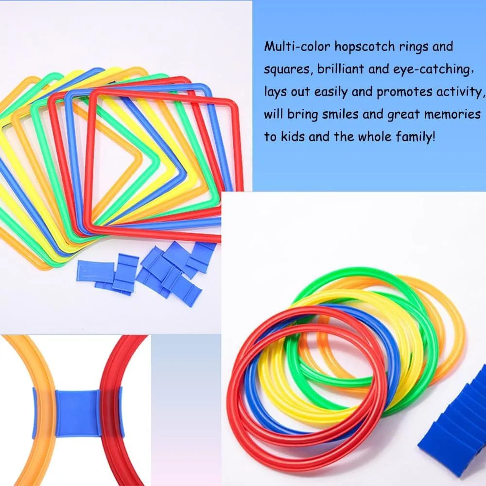 Hopscotch Squares and Hopscotch Ring Games 11in/ 15in with 30 Connectors for Kids Balance Agility Training Obstacle Course, Indoor Outdoor Backyard Activity, Birthday Fun Play for Boys Girls