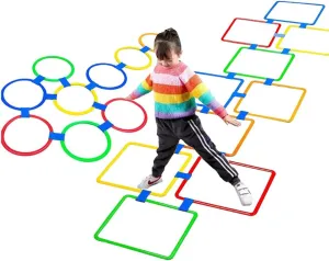 Hopscotch Squares and Hopscotch Ring Games 11in/ 15in with 30 Connectors for Kids Balance Agility Training Obstacle Course, Indoor Outdoor Backyard Activity, Birthday Fun Play for Boys Girls