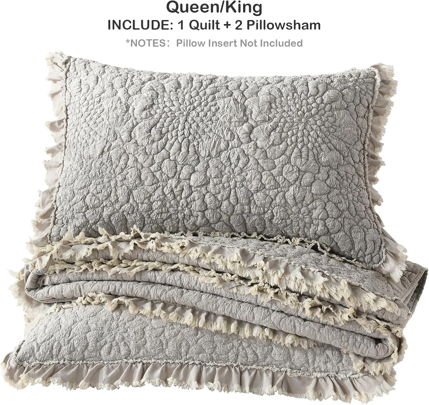HORIMOTE HOME Beige Ruffled Quilt King Size, Stone-Washed Microfiber Lightweight Crinkled Farmhouse Rustic Shabby Chic Bedding Set, 3 Pieces Reversible Bedspread with Pillow Shams for All Season