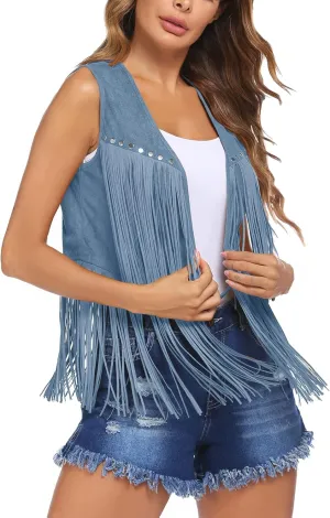HOTLOOX Womens Fringe Vest 70s Hippie Clothes Sleeveless Faux Suede Tassel Cowgirl Western Outfits S-XXL