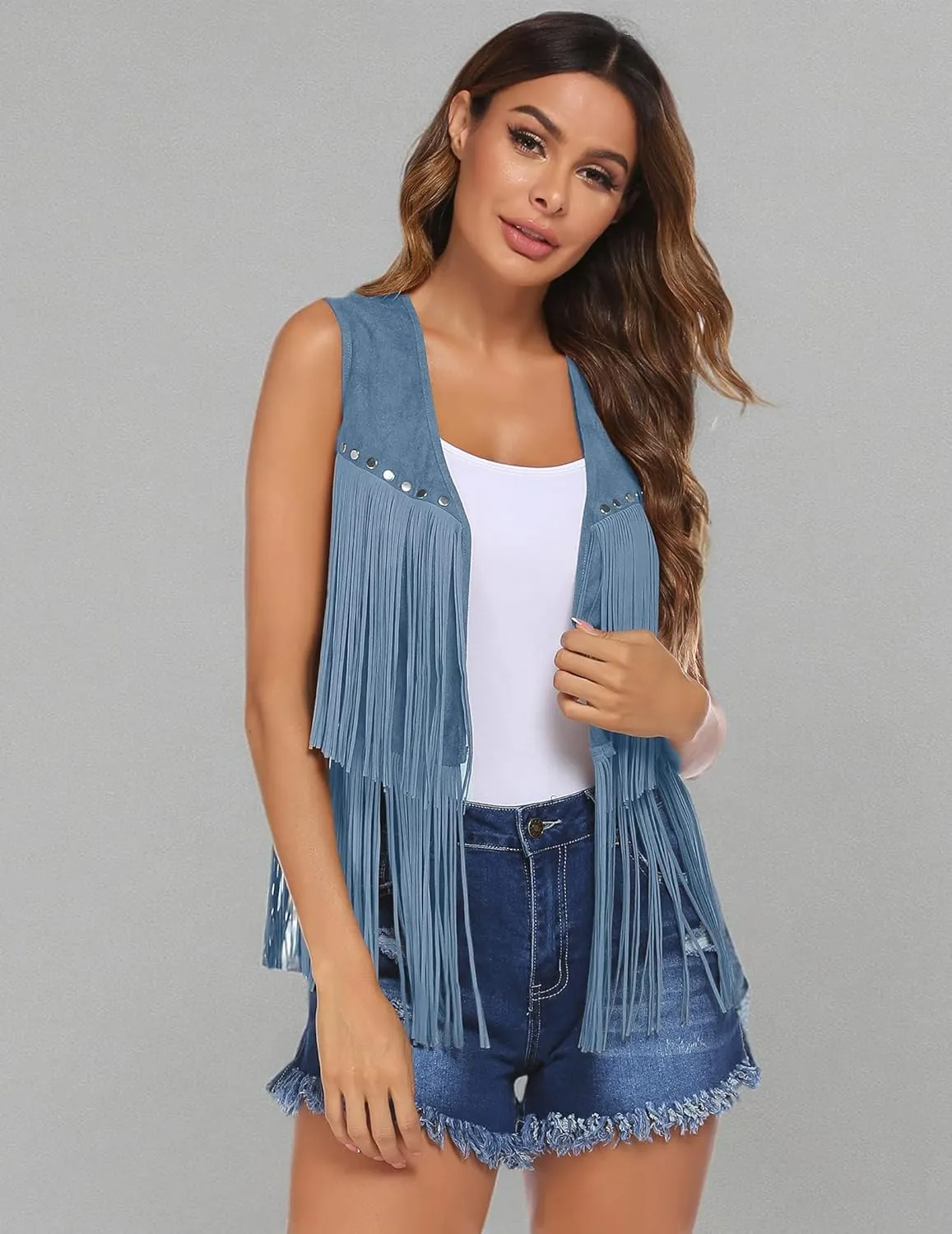 HOTLOOX Womens Fringe Vest 70s Hippie Clothes Sleeveless Faux Suede Tassel Cowgirl Western Outfits S-XXL
