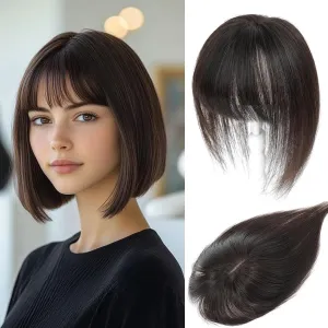 Human Hair Toppers for Women with Fringe 10 Inch Real HairPieces-360°3D Bangs for Thinning Hair Topper Swiss Base Dark Brown（2#）