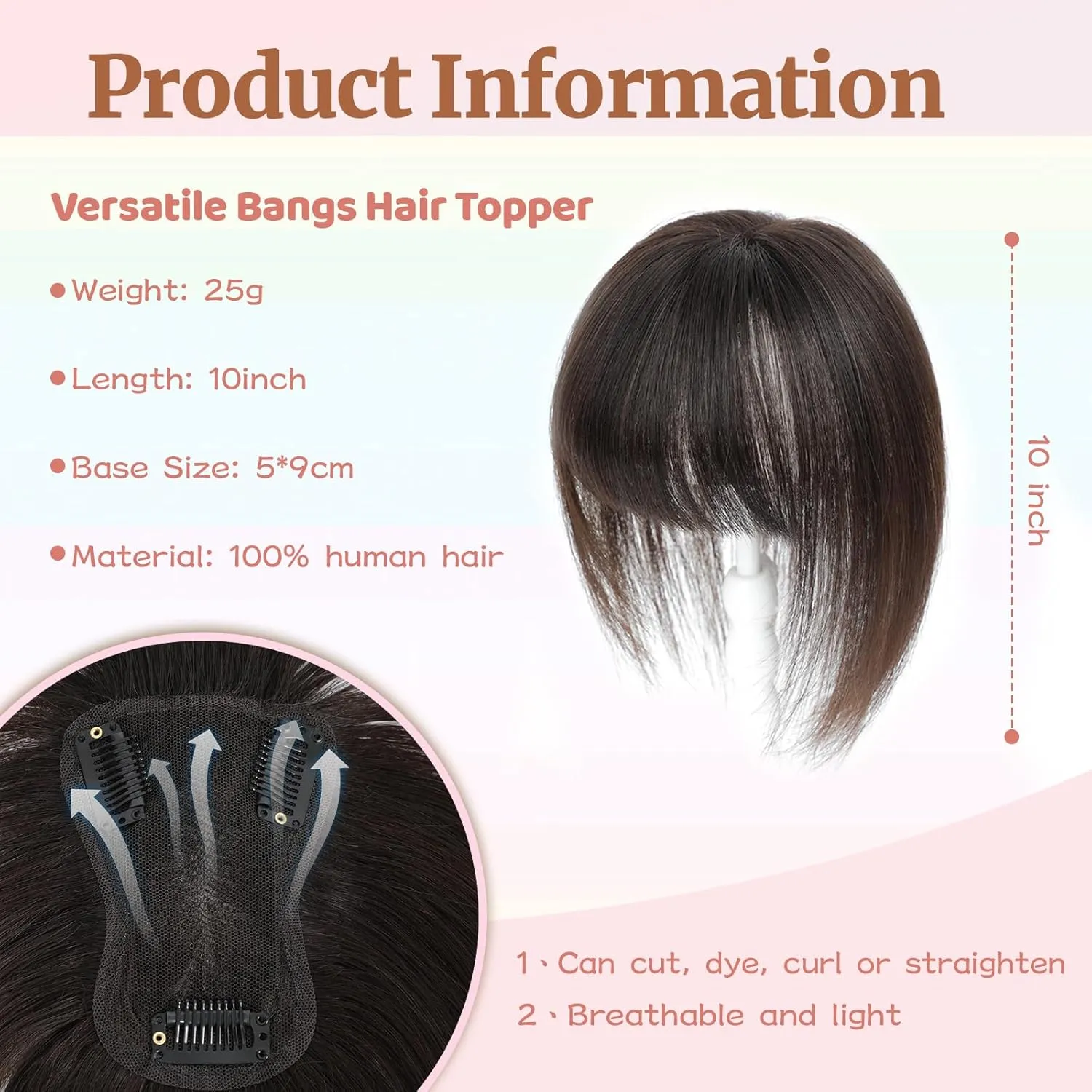 Human Hair Toppers for Women with Fringe 10 Inch Real HairPieces-360°3D Bangs for Thinning Hair Topper Swiss Base Dark Brown（2#）