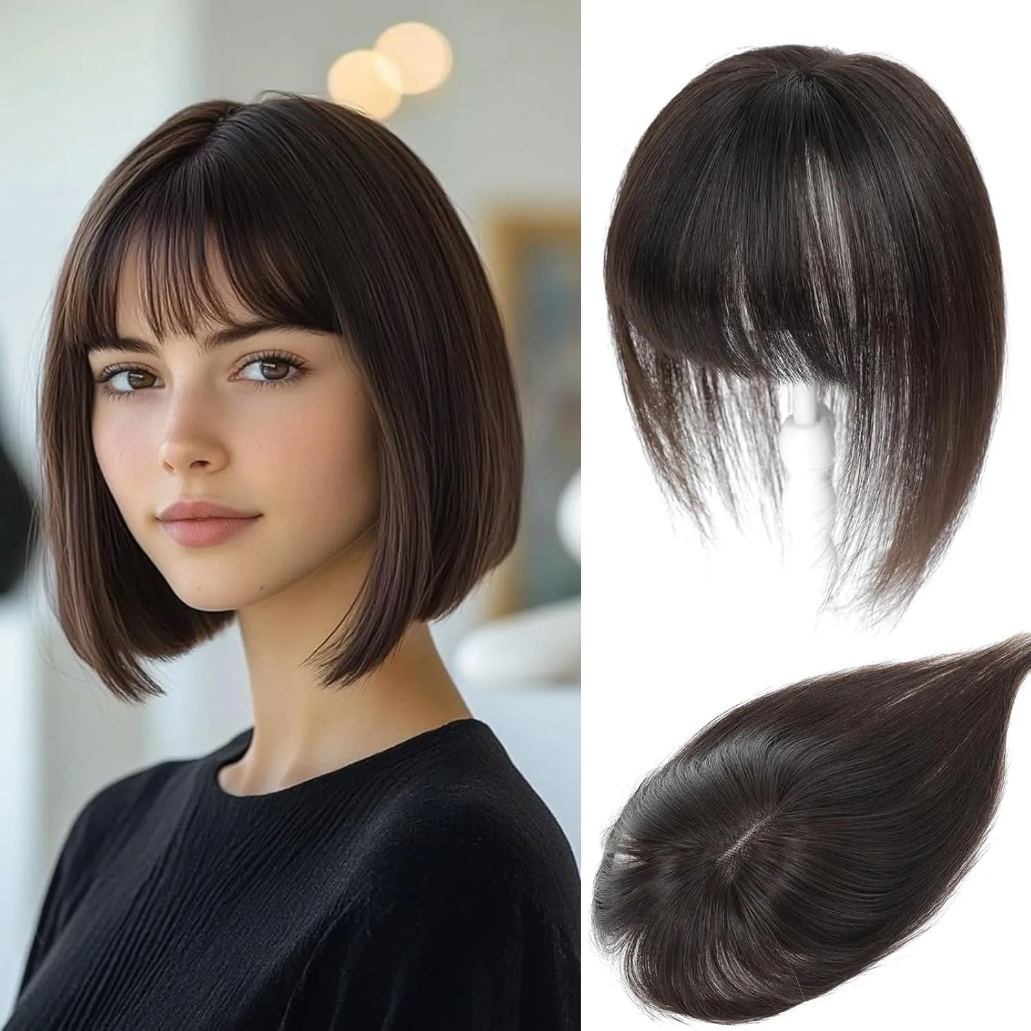 Human Hair Toppers for Women with Fringe 10 Inch Real HairPieces-360°3D Bangs for Thinning Hair Topper Swiss Base Dark Brown（2#）