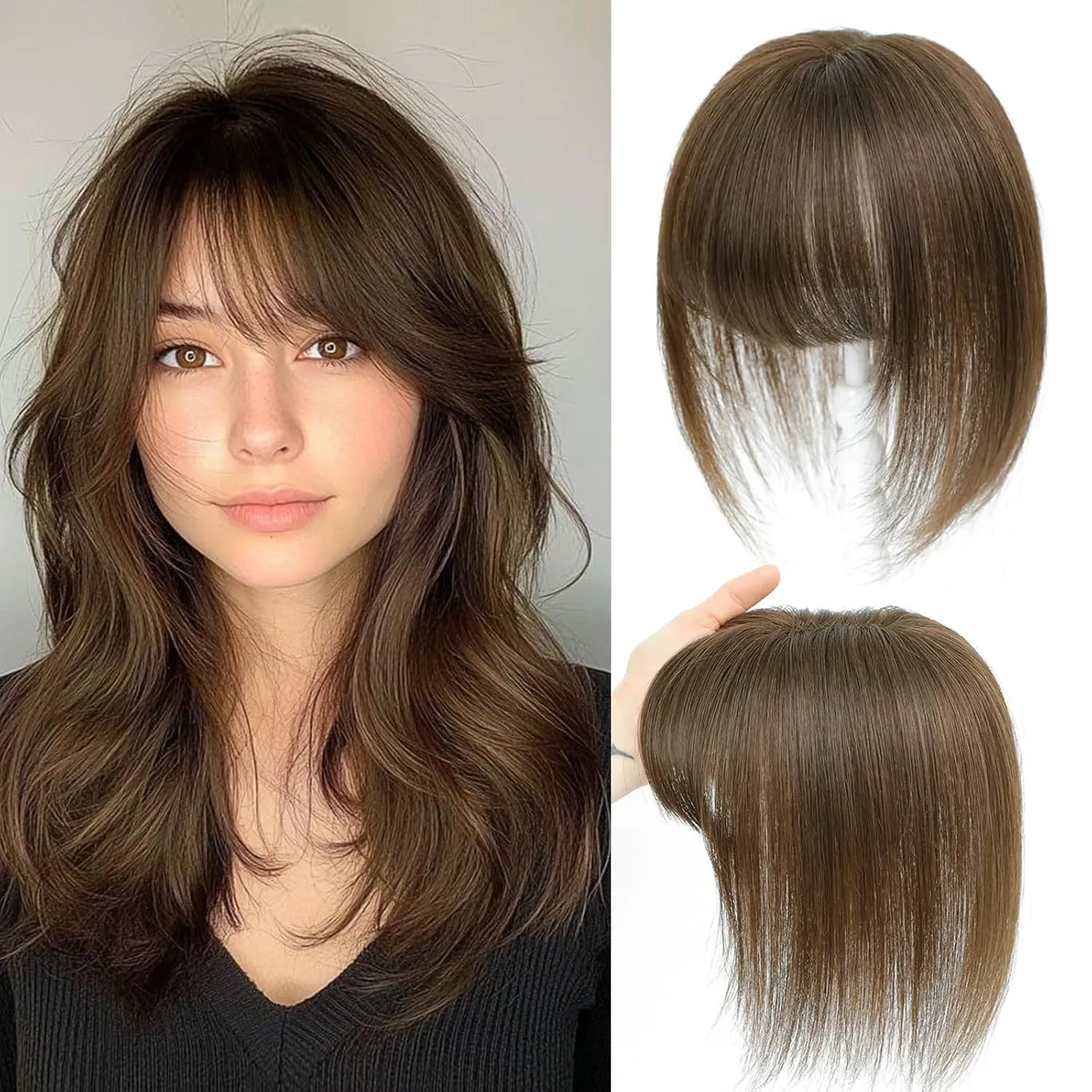 Human Hair Toppers for Women with Fringe 10 Inch Real HairPieces-360°3D Bangs for Thinning Hair Topper Swiss Base Medium Brown（4#）