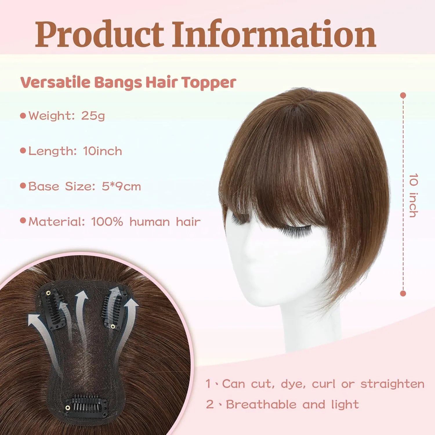 Human Hair Toppers for Women with Fringe 10 Inch Real HairPieces-360°3D Bangs for Thinning Hair Topper Swiss Base Medium Brown（4#）