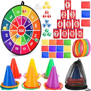 Hungdao 3 Sets Carnival Games Combo Set, Dart Board with Balls Plastic Cones Ring Bean Bags Toss Game for Boys Girls Adults Family Birthday Yard Indoor Outdoor