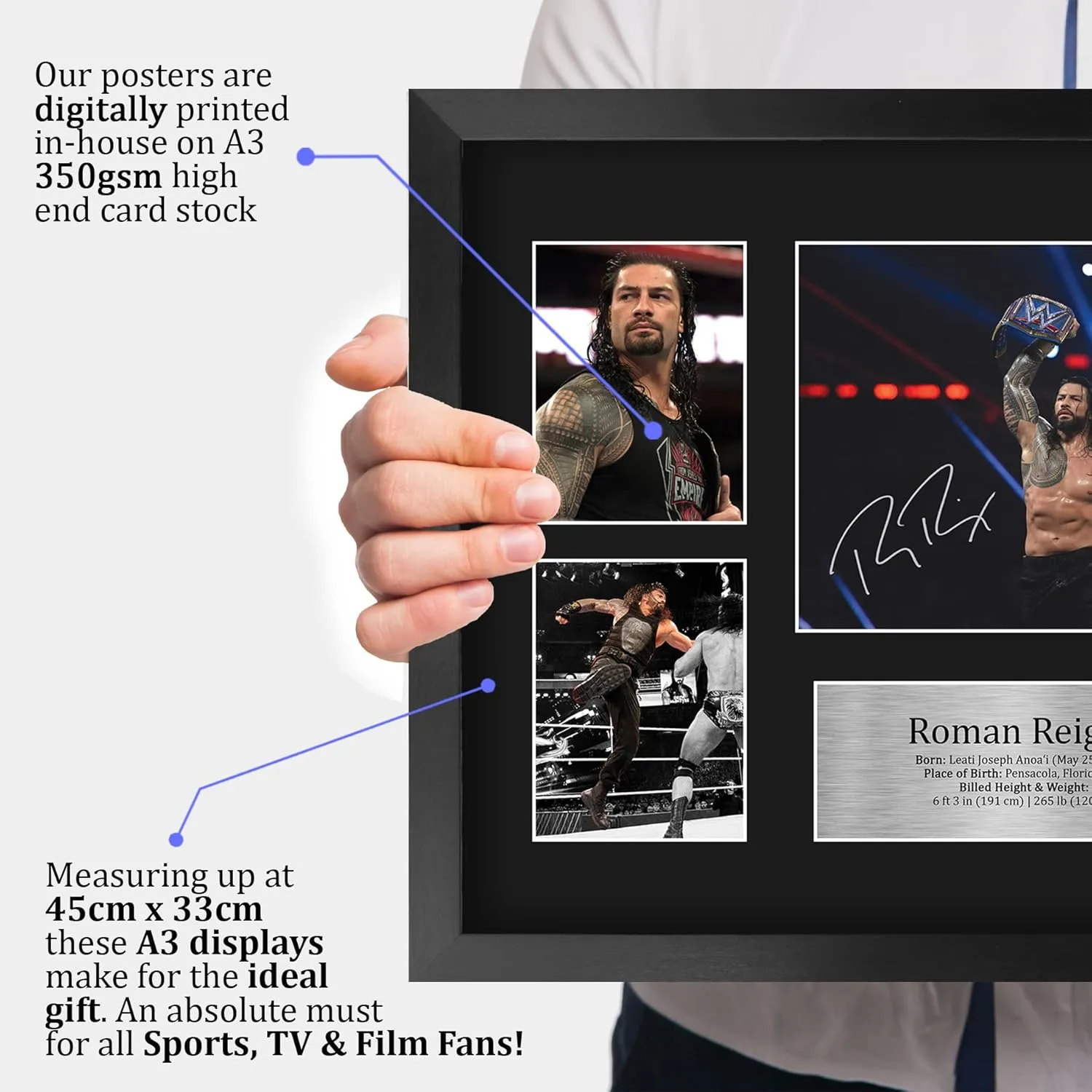 HWC Trading Roman Reigns Wrestling 16 x 12 inch (A3) Printed Gifts Signed Autograph Picture for WWE & WWF Memorabilia Fans - 16" x 12" Framed