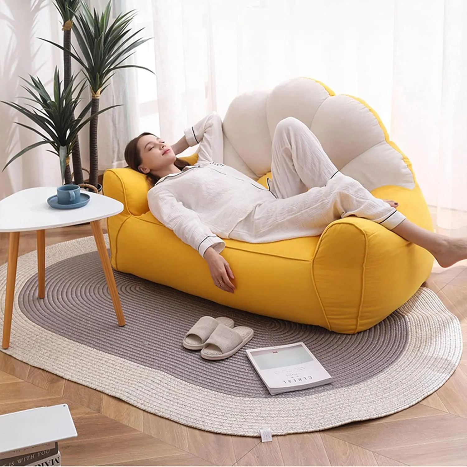 HWOEK Lazy Sofas Bean Bag Chair w/Footstool Lounger Seat, Soft Beanbag Cover - Dark Gray