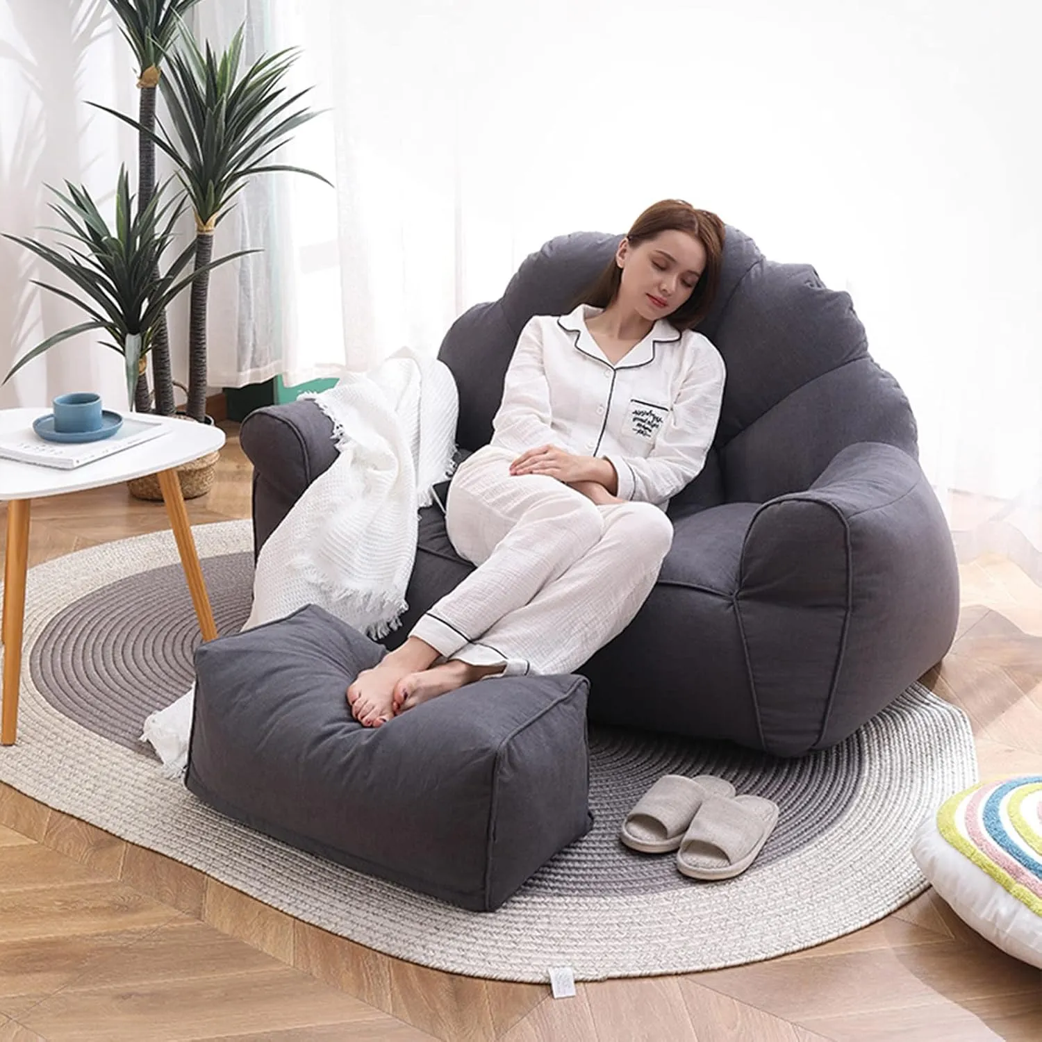 HWOEK Lazy Sofas Bean Bag Chair w/Footstool Lounger Seat, Soft Beanbag Cover - Dark Gray