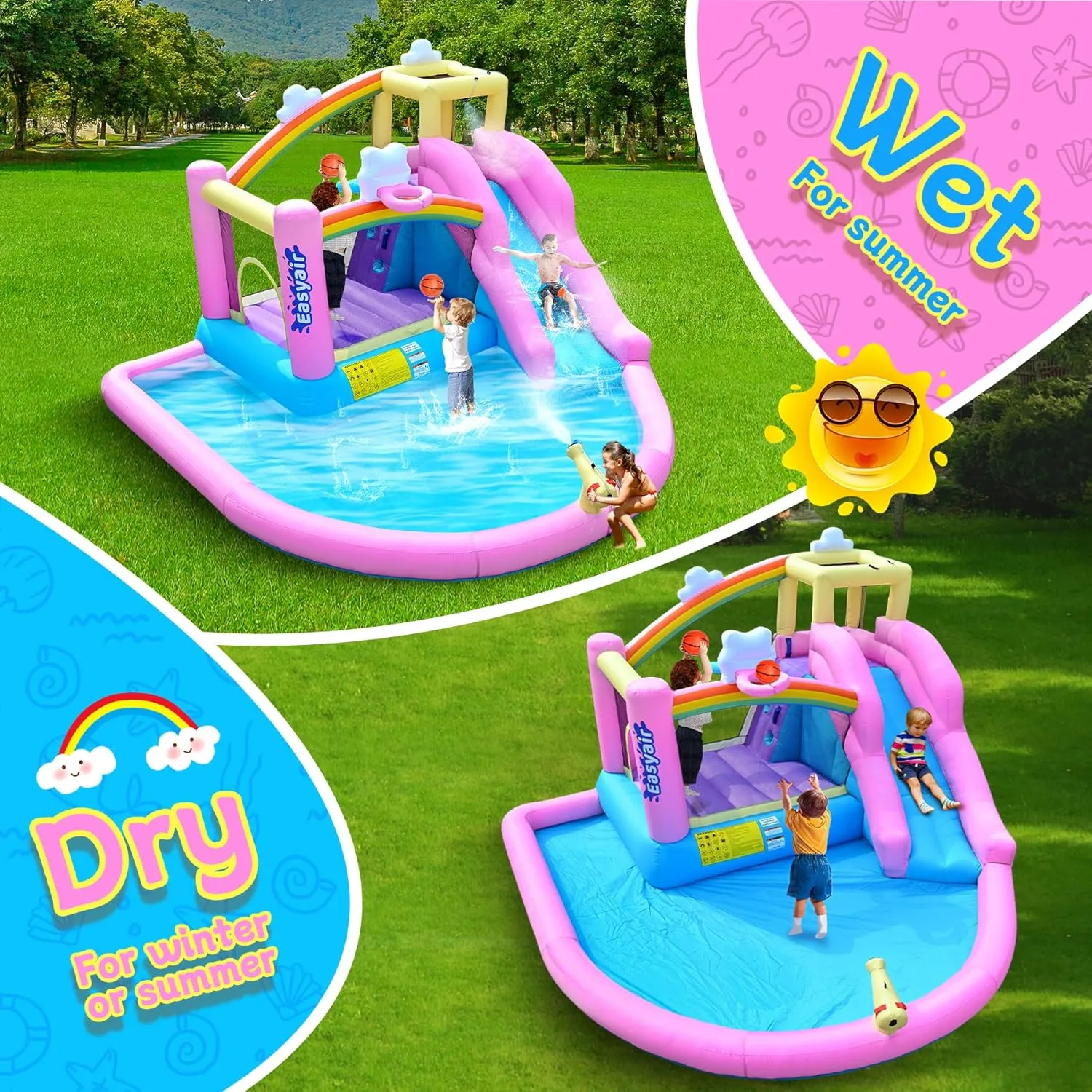 Inflatable Bounce House Water Slide for Kids, Rainbow Cloud Splash Pool, Indoor Or Outdoor Bouncy Castle, Climbing Wall, 2 Basketball Hoops, Included Blower (Pink, 154" L x 144" W x 94" H)