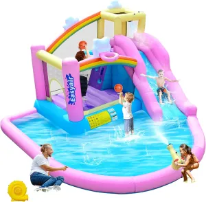 Inflatable Bounce House Water Slide for Kids, Rainbow Cloud Splash Pool, Indoor Or Outdoor Bouncy Castle, Climbing Wall, 2 Basketball Hoops, Included Blower (Pink, 154" L x 144" W x 94" H)