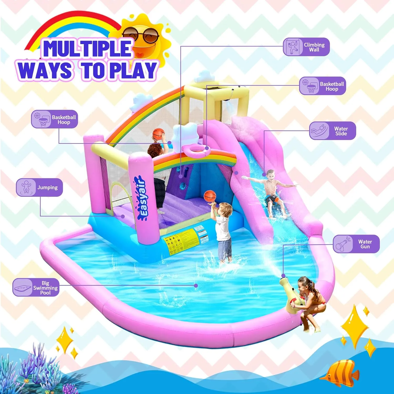 Inflatable Bounce House Water Slide for Kids, Rainbow Cloud Splash Pool, Indoor Or Outdoor Bouncy Castle, Climbing Wall, 2 Basketball Hoops, Included Blower (Pink, 154" L x 144" W x 94" H)