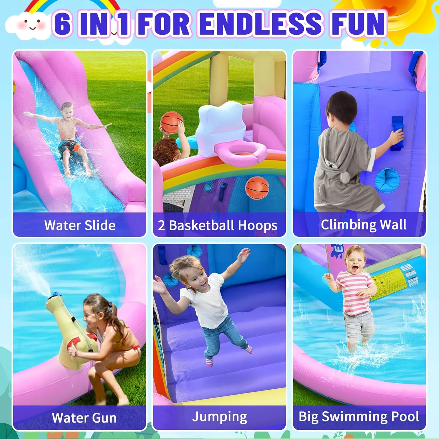 Inflatable Bounce House Water Slide for Kids, Rainbow Cloud Splash Pool, Indoor Or Outdoor Bouncy Castle, Climbing Wall, 2 Basketball Hoops, Included Blower (Pink, 154" L x 144" W x 94" H)
