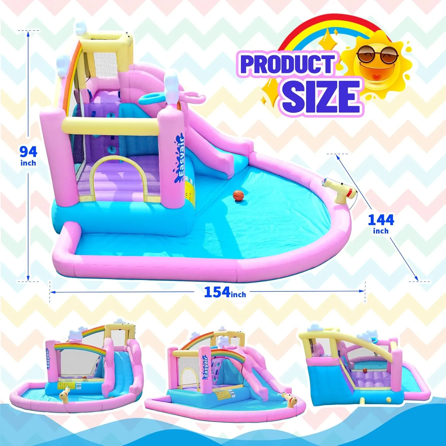 Inflatable Bounce House Water Slide for Kids, Rainbow Cloud Splash Pool, Indoor Or Outdoor Bouncy Castle, Climbing Wall, 2 Basketball Hoops, Included Blower (Pink, 154" L x 144" W x 94" H)