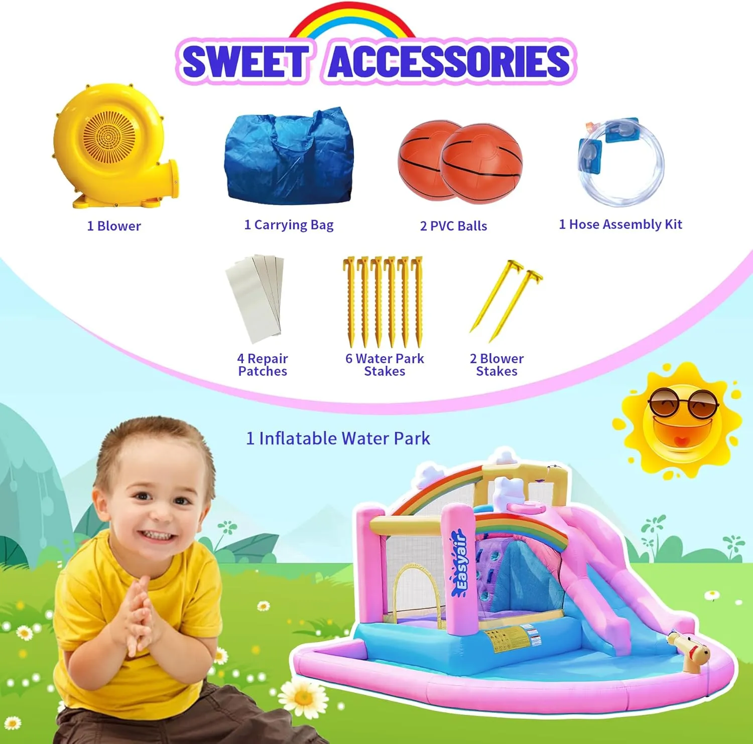 Inflatable Bounce House Water Slide for Kids, Rainbow Cloud Splash Pool, Indoor Or Outdoor Bouncy Castle, Climbing Wall, 2 Basketball Hoops, Included Blower (Pink, 154" L x 144" W x 94" H)