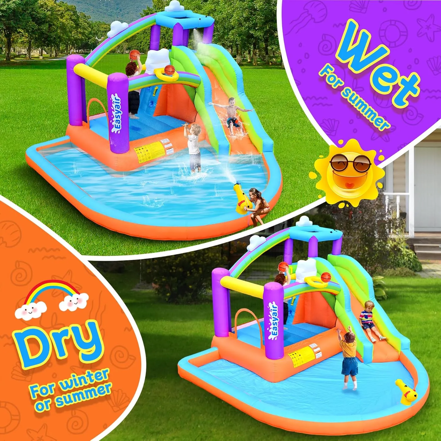 Inflatable Bounce House Water Slide for Kids, Rainbow Cloud Splash Pool, Indoor Or Outdoor Bouncy Castle, Climbing Wall, 2 Basketball Hoops, Jumper Included 470W Blower Orange