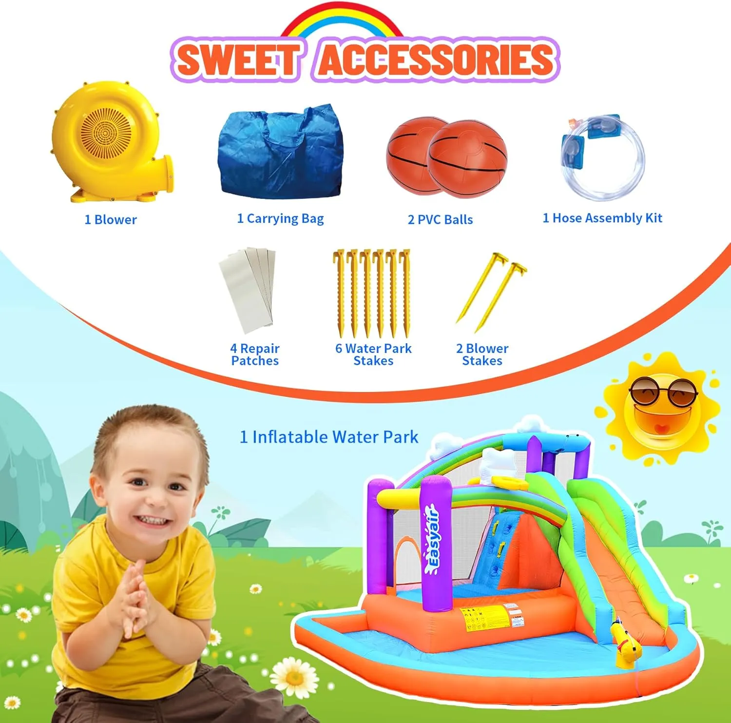 Inflatable Bounce House Water Slide for Kids, Rainbow Cloud Splash Pool, Indoor Or Outdoor Bouncy Castle, Climbing Wall, 2 Basketball Hoops, Jumper Included 470W Blower Orange