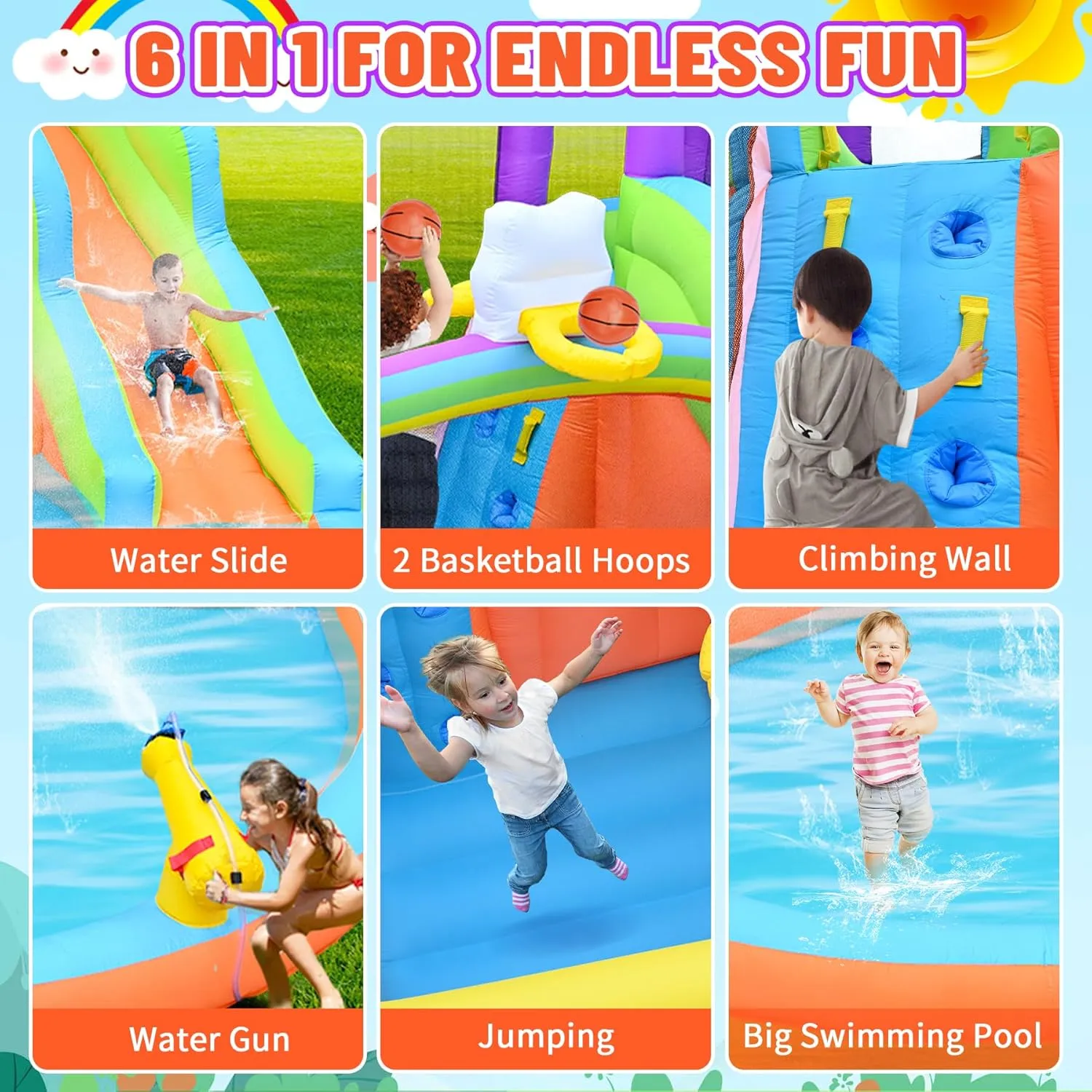 Inflatable Bounce House Water Slide for Kids, Rainbow Cloud Splash Pool, Indoor Or Outdoor Bouncy Castle, Climbing Wall, 2 Basketball Hoops, Jumper Included 470W Blower Orange