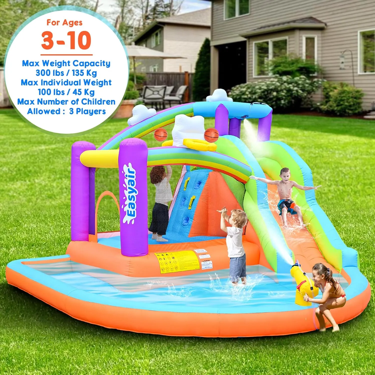 Inflatable Bounce House Water Slide for Kids, Rainbow Cloud Splash Pool, Indoor Or Outdoor Bouncy Castle, Climbing Wall, 2 Basketball Hoops, Jumper Included 470W Blower Orange