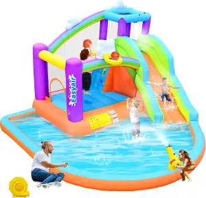 Inflatable Bounce House Water Slide for Kids, Rainbow Cloud Splash Pool, Indoor Or Outdoor Bouncy Castle, Climbing Wall, 2 Basketball Hoops, Jumper Included 470W Blower Orange