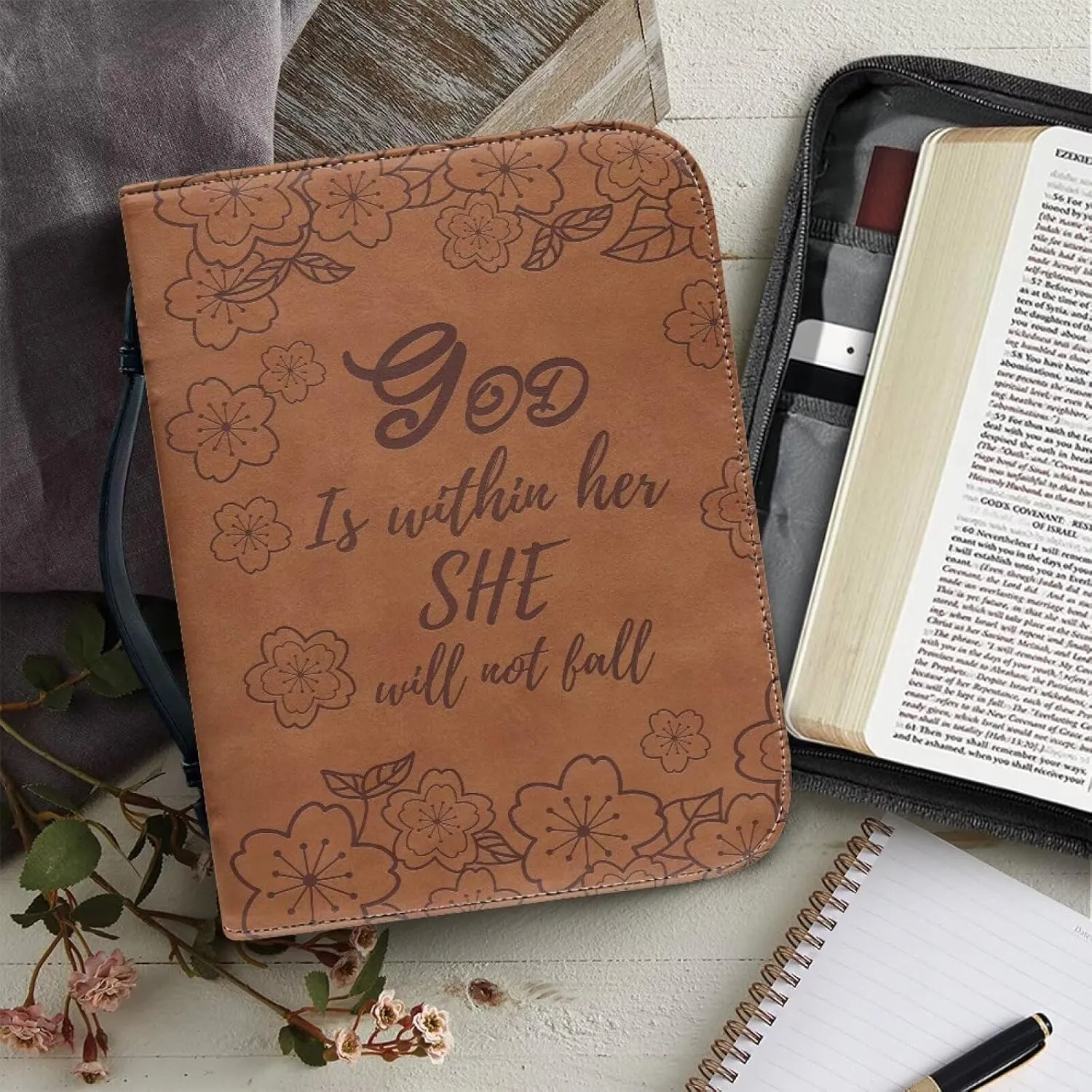 Inspirational Bible Quotes PU Leather Bible Cover for Men Extra Large Size Bible Carrying Case for Boys, Multi-Functional Church Bag with Handle Strap