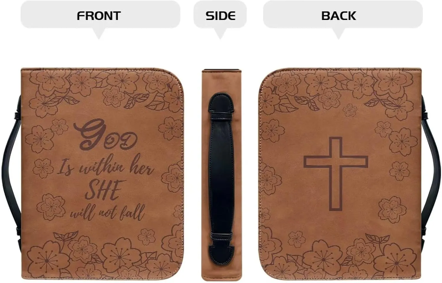 Inspirational Bible Quotes PU Leather Bible Cover for Men Extra Large Size Bible Carrying Case for Boys, Multi-Functional Church Bag with Handle Strap