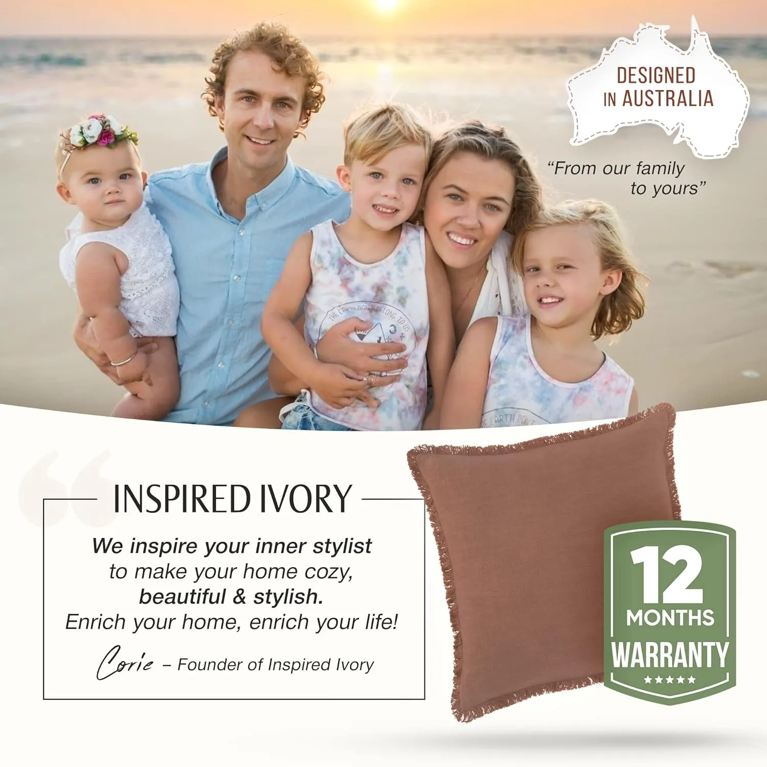 INSPIRED IVORY Linen Pillow Cover 20x20 Inch - Rustic Decorative Cinnamon Brown Throw Pillow Cover with Fringe - Farmhouse Accent Pillow Cushion Cover for Sofa, Couch, Bed Decor, Single Sham, 50x50cm