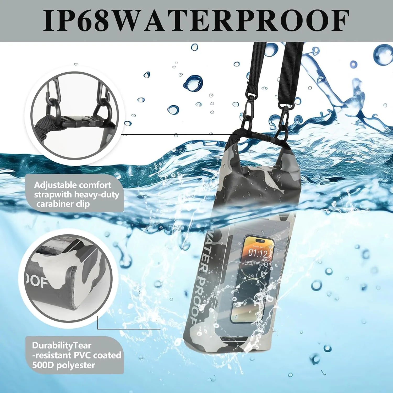 IP68 Waterproof Dry Bag, 2L - Roll Top Waterproof Pool Bag，dry bags for kayaking waterproof-w/Phone Pouch,Large Waterproof Phone Pouch,Boating & Kayak Accessories camping (Gray 2L)