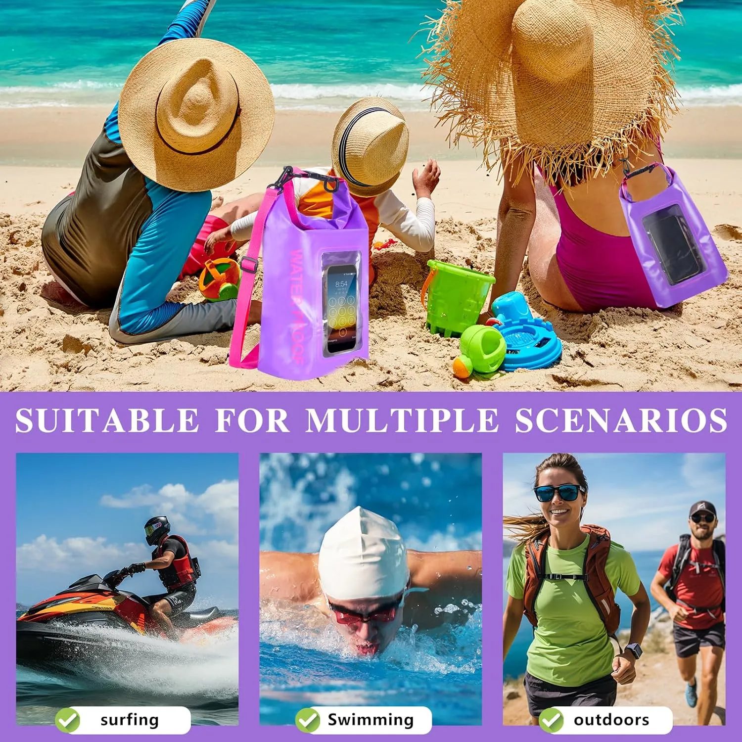 IP68 Waterproof Dry Bag, 2L - Roll Top Waterproof Pool Bag，dry bags for kayaking waterproof-w/Phone Pouch,Large Waterproof Phone Pouch,Boating & Kayak Accessories camping (purple 5L)