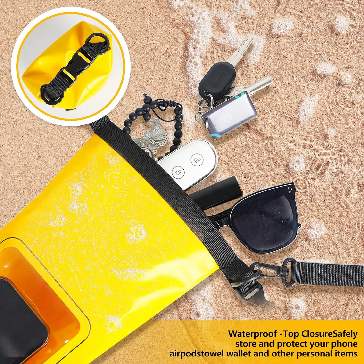 IP68 Waterproof Dry Bag, 2L - Roll Top Waterproof Pool Bag，Dry Bags for Kayaking Waterproof-w/Phone Pouch,Large Waterproof Phone Pouch,Boating & Kayak Accessories Camping (Yellow)