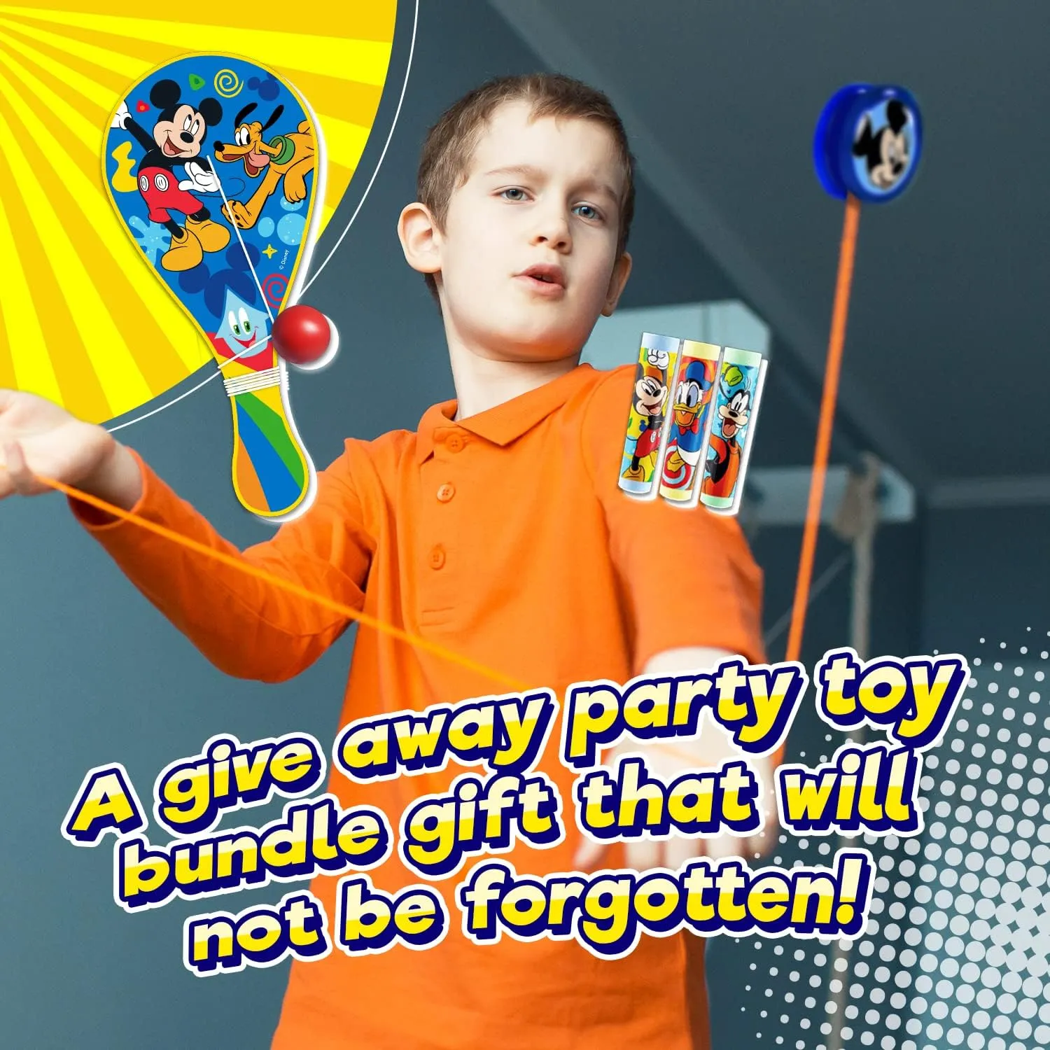 JA-RU Disney Mickey Mouse & Friends Paddle Ball, Yoyo & Sidewalk Chalk Toy Bundle Set (1 Assorted Set) Retro Toys for Kids Girl & Boys. Classic Indoor & Outdoor Fun Games. Bulk Toys. A-7819-1