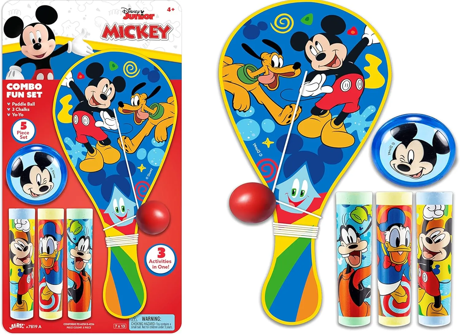 JA-RU Disney Mickey Mouse & Friends Paddle Ball, Yoyo & Sidewalk Chalk Toy Bundle Set (1 Assorted Set) Retro Toys for Kids Girl & Boys. Classic Indoor & Outdoor Fun Games. Bulk Toys. A-7819-1