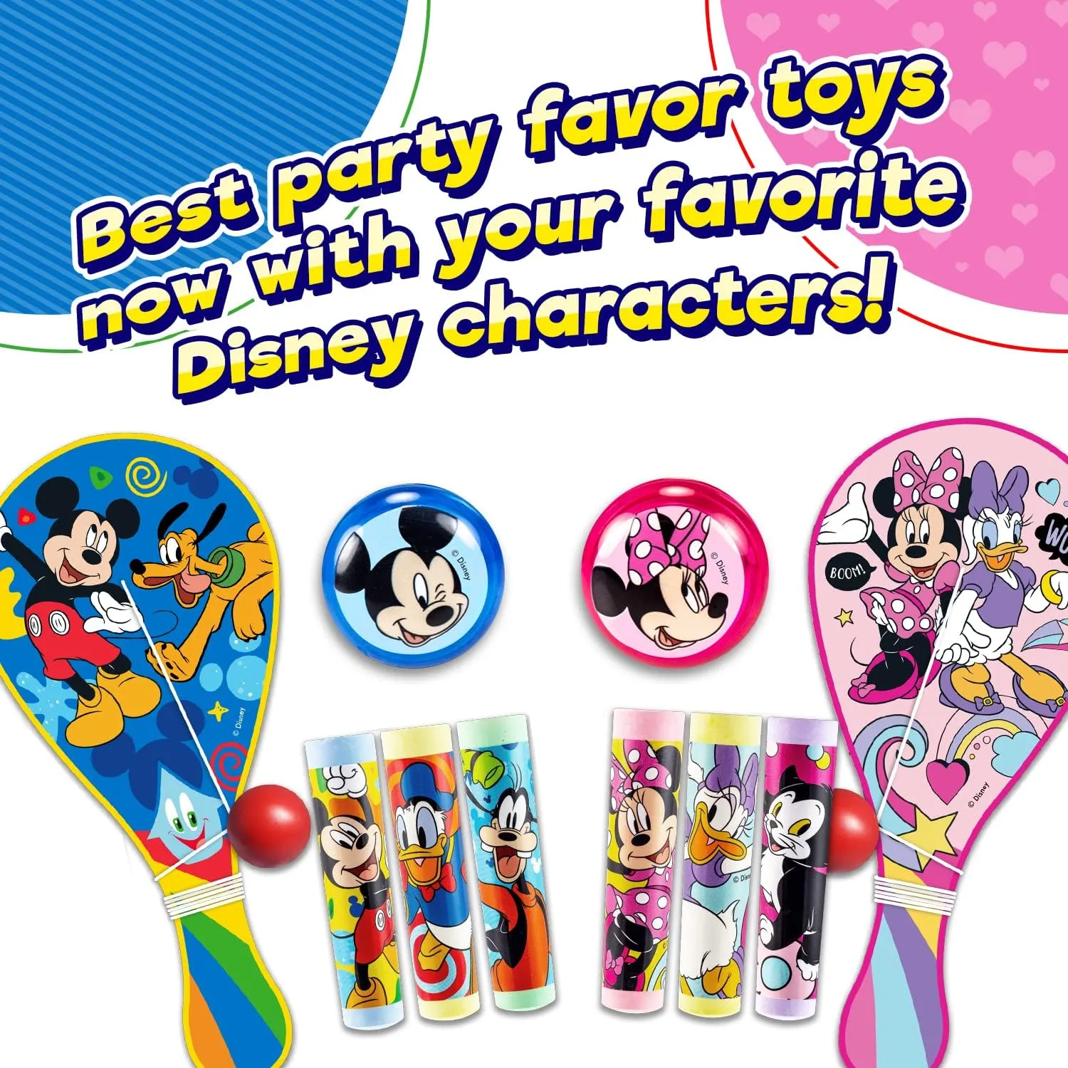 JA-RU Disney Mickey Mouse & Friends Paddle Ball, Yoyo & Sidewalk Chalk Toy Bundle Set (1 Assorted Set) Retro Toys for Kids Girl & Boys. Classic Indoor & Outdoor Fun Games. Bulk Toys. A-7819-1
