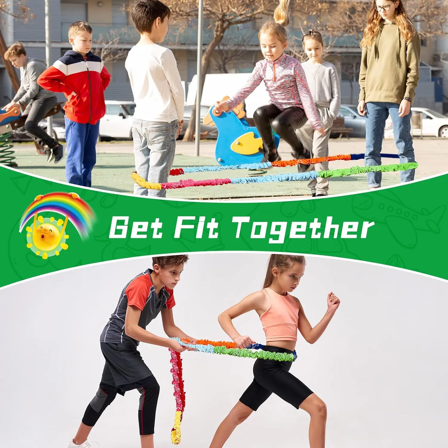 Jecery Cooperative Stretchy Band Carnival Games Elastic Fleece Tug of War Rope Sack Race Bags Legged Race Bands for Stretchy Band Music Activities Field Day Kids Adult Games
