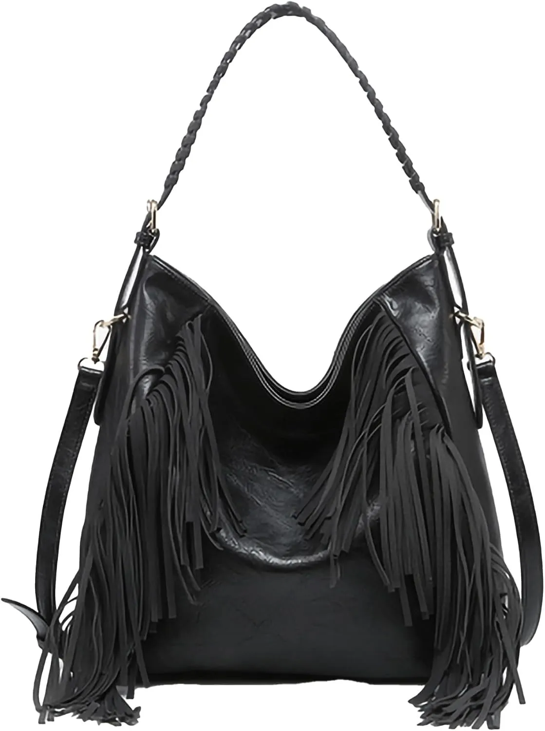 JEN & CO. Sav Distressed Hobo with Fringe Detail, Vegan Leather Crossbody Handbag Purse