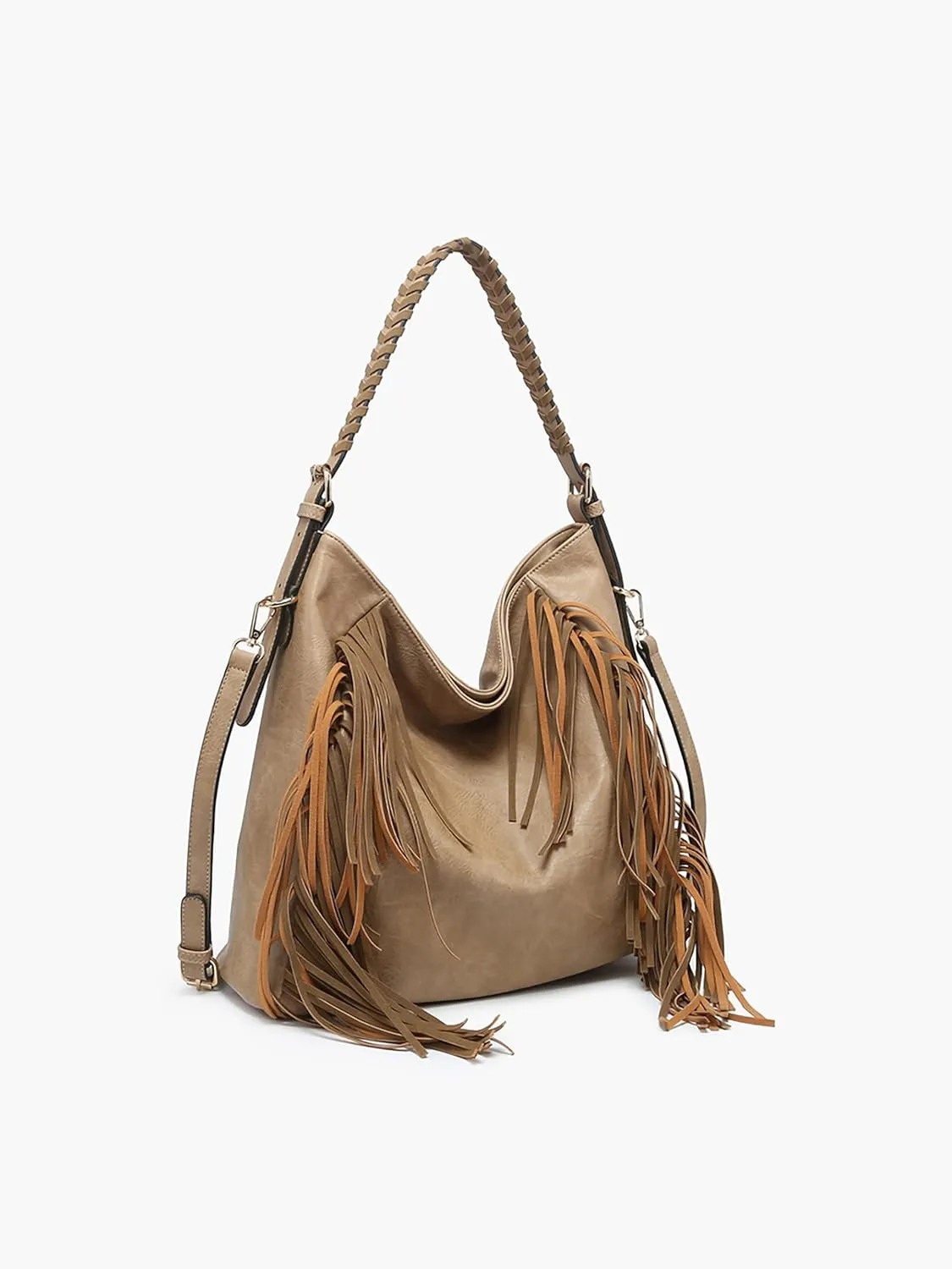 JEN & CO. Sav Distressed Hobo with Fringe Detail, Vegan Leather Crossbody Handbag Purse